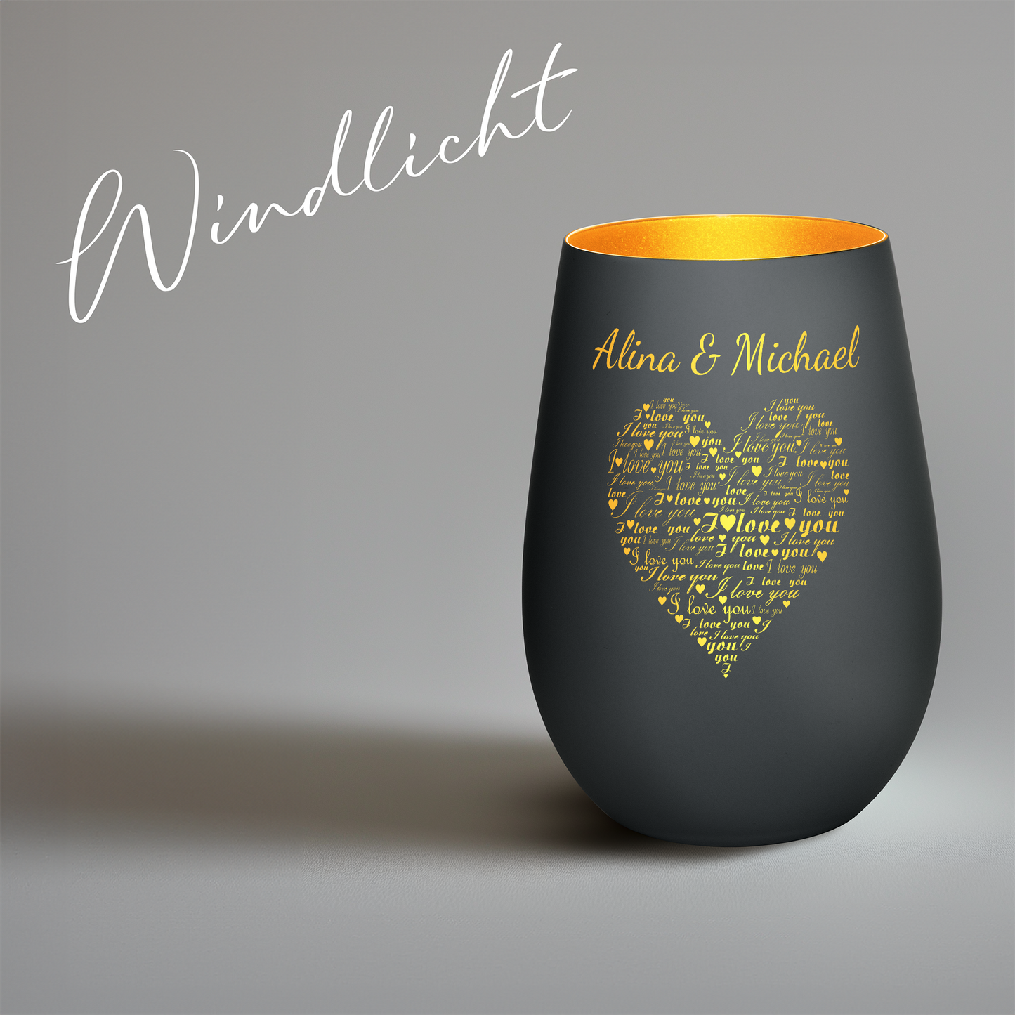 Hochwertiges Glas Windlicht mit Gravur "I LOVE YOU" mit Wunschnamen in der Farbe Schwarz/Gold