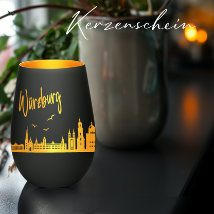 Hochwertiges Glas Windlicht mit Gravur "SKYLINE WÜRZBURG" in der Farbe Schwarz/Gold