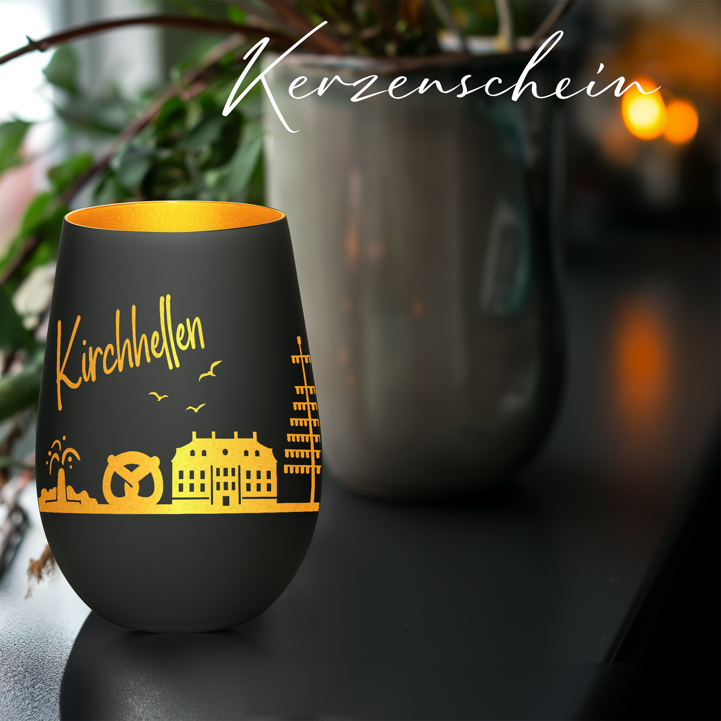 Hochwertiges Glas Windlicht mit Gravur "SKYLINE KIRCHHELLEN" in der Farbe Schwarz/Gold