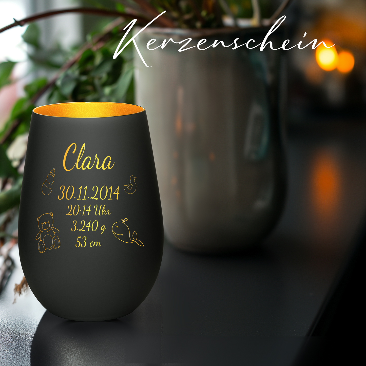 Hochwertiges Glas Windlicht mit Gravur "ZUR GEBURT" mit Wunschname und Datum in der Farbe Schwarz/Gold