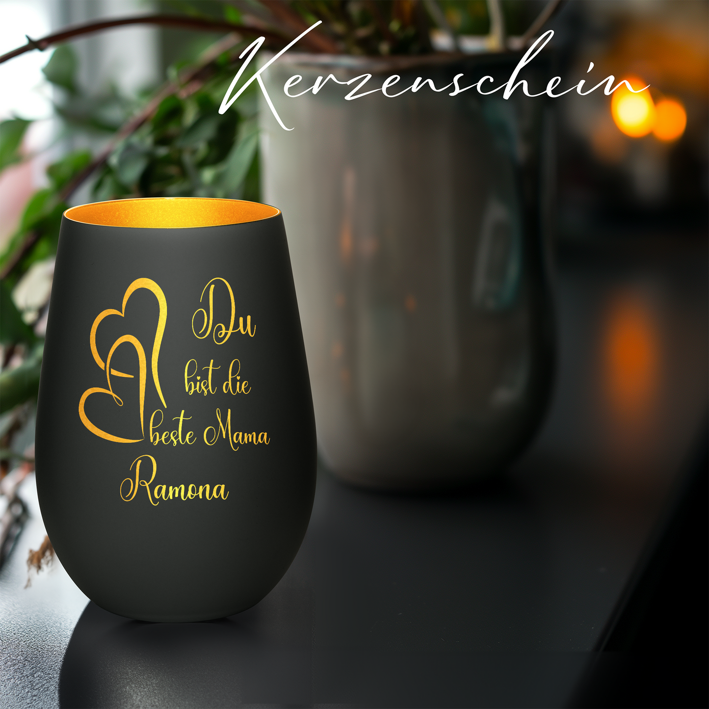 Hochwertiges Glas Windlicht mit Gravur "DU BIST DIE BESTE MAMA" mit Wunschname in der Farbe Schwarz/Gold