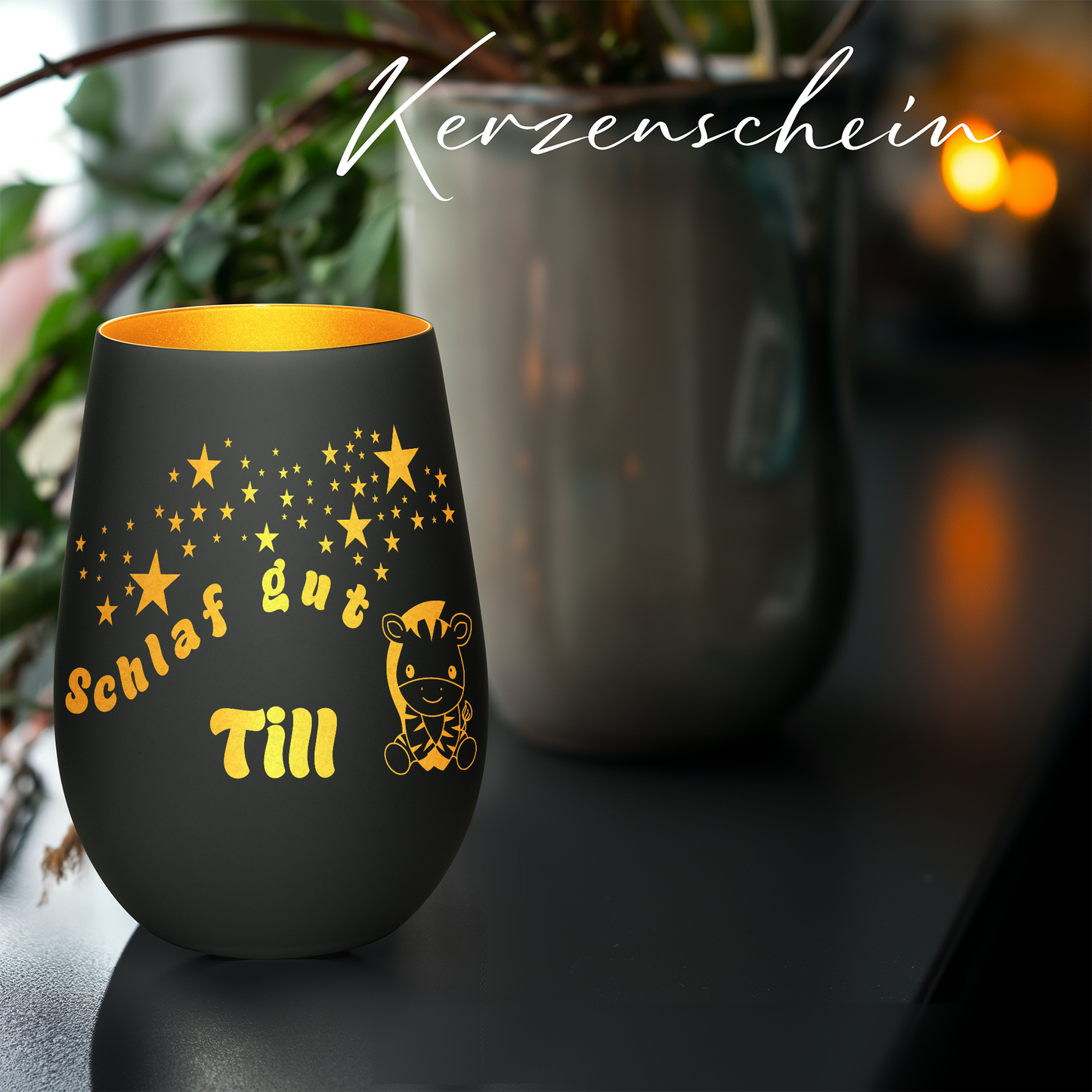 Hochwertiges Glas Windlicht für Kinder mit Gravur "SCHLAF GUT" Motiv Zebra mit Wunschname in der Farbe Schwarz/Gold