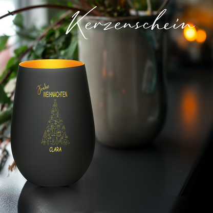 Hochwertiges Glas Windlicht mit Gravur "FROHE WEIHNACHTEN" mit Wunschname in der Farbe Schwarz/Gold