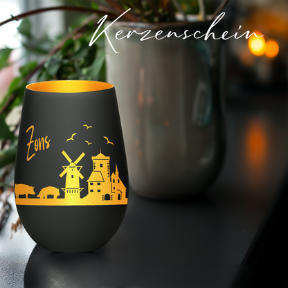 Hochwertiges Glas Windlicht mit Gravur "SKYLINE ZONS (DORMAGEN)" in der Farbe Schwarz/Gold