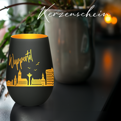 Hochwertiges Glas Windlicht mit Gravur "SKYLINE WUPPERTAL" in der Farbe Schwarz/Gold