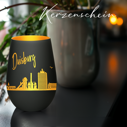 Hochwertiges Glas Windlicht mit Gravur "SKYLINE DUISBURG" in der Farbe Schwarz/Gold