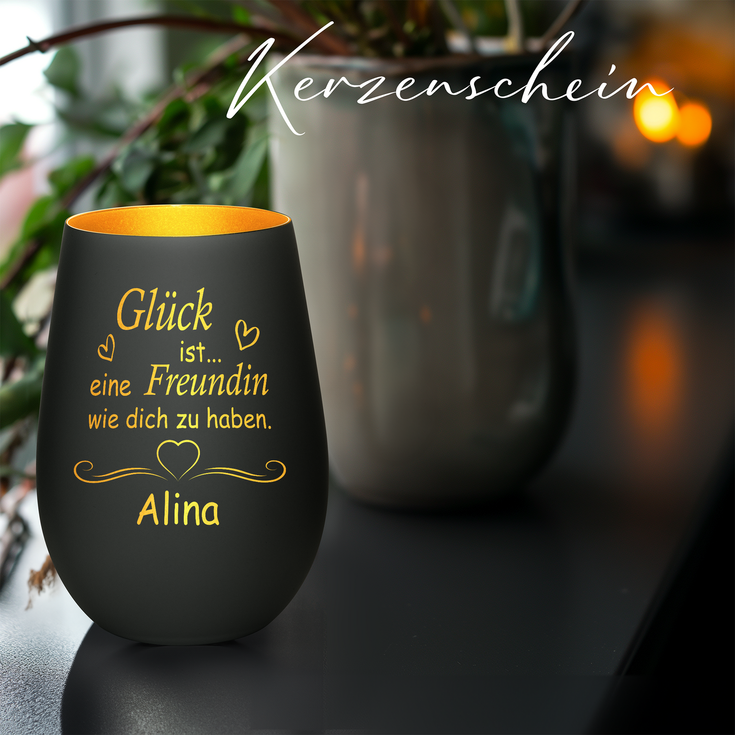 Hochwertiges Glas Windlicht mit Gravur "GLÜCK IST EINE FREUNDIN WIE DICH ZU HABEN" mit Wunschname in der Farbe Schwarz/Gold