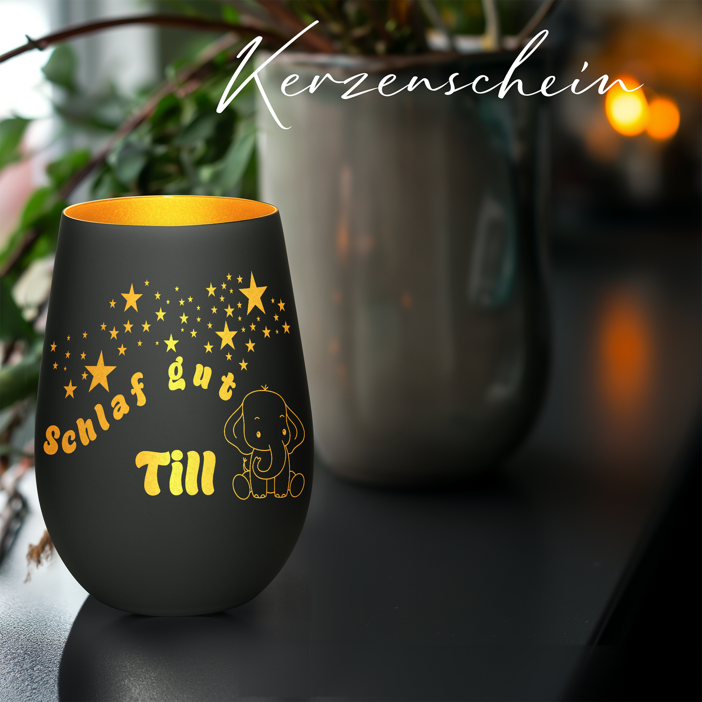Hochwertiges Glas Windlicht für Kinder mit Gravur "SCHLAF GUT" Motiv Elefant mit Wunschname in der Farbe Schwarz/Gold