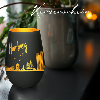 Hochwertiges Glas Windlicht mit Gravur "SKYLINE HAMBURG" in der Farbe Schwarz/Gold