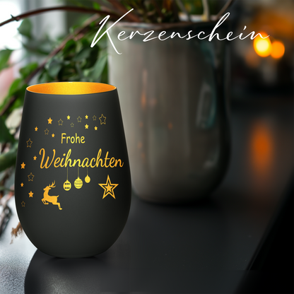 Hochwertiges Glas Windlicht mit Gravur "FROHE WEIHNACHTEN" in der Farbe Schwarz/Gold