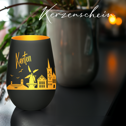 Hochwertiges Glas Windlicht mit Gravur "SKYLINE XANTEN" in der Farbe Schwarz/Gold