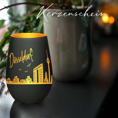 Hochwertiges Glas Windlicht mit Gravur "SKYLINE DÜSSELDORF" in der Farbe Schwarz/Gold