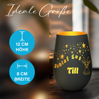 Hochwertiges Glas Windlicht für Kinder mit Gravur "SCHLAF GUT" Motiv Antilope mit Wunschname in der Farbe Schwarz/Gold