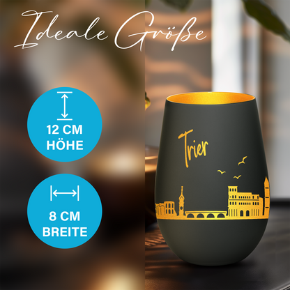 Hochwertiges Glas Windlicht mit Gravur "SKYLINE TRIER" in der Farbe Schwarz/Gold