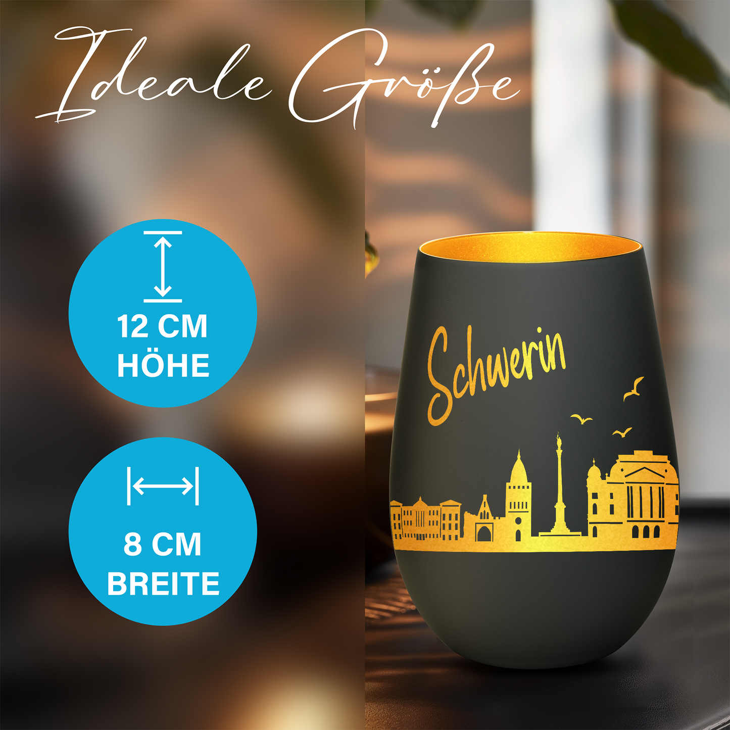 Hochwertiges Glas Windlicht mit Gravur "SKYLINE SCHWERIN" in der Farbe Schwarz/Gold
