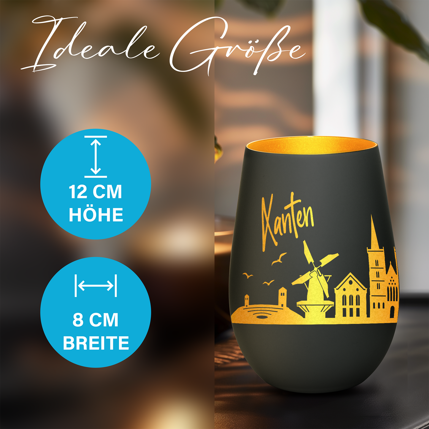 Hochwertiges Glas Windlicht mit Gravur "SKYLINE XANTEN" in der Farbe Schwarz/Gold