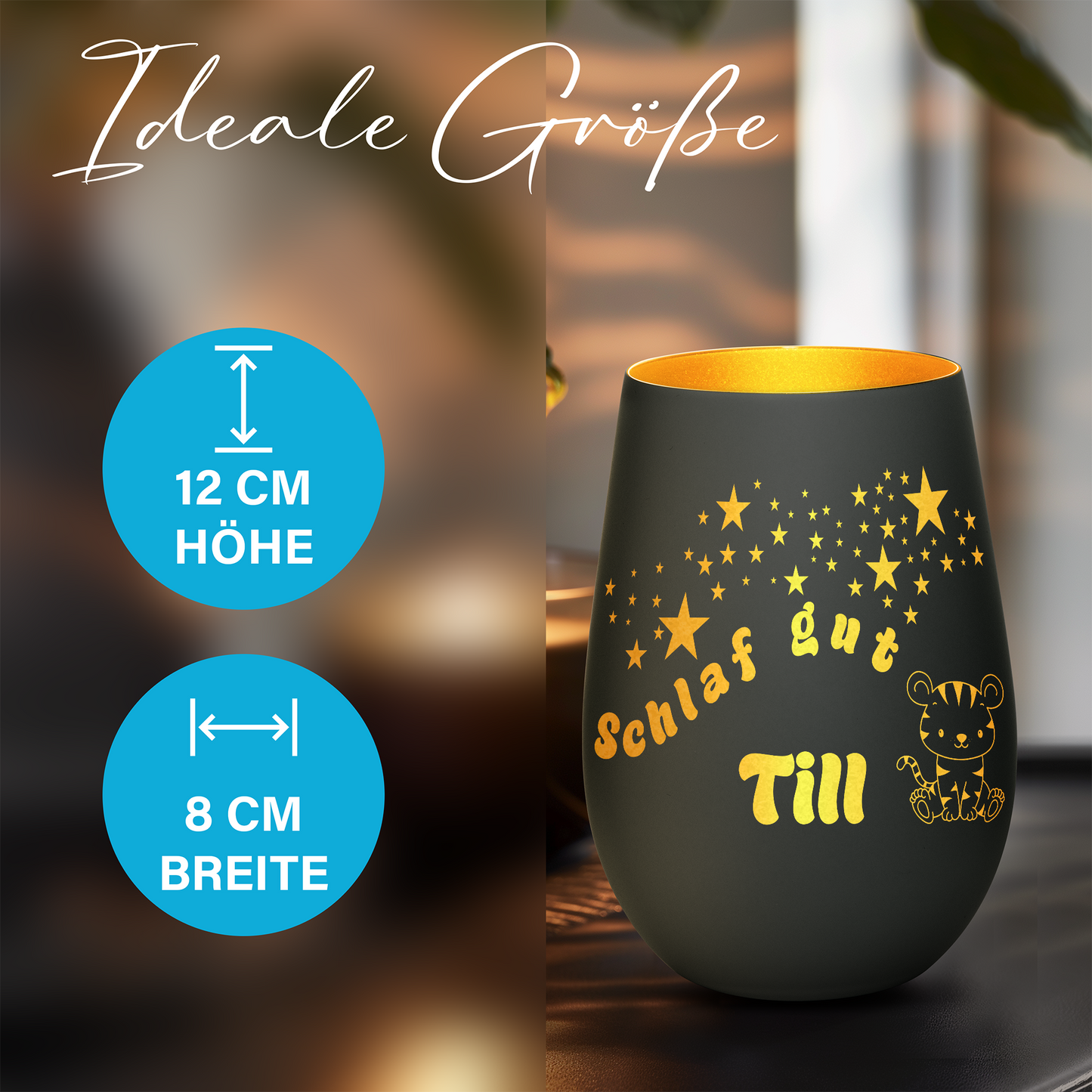 Hochwertiges Glas Windlicht für Kinder mit Gravur "SCHLAF GUT" Motiv Tiger mit Wunschname in der Farbe Schwarz/Gold