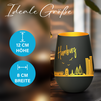 Hochwertiges Glas Windlicht mit Gravur "SKYLINE HAMBURG" in der Farbe Schwarz/Gold