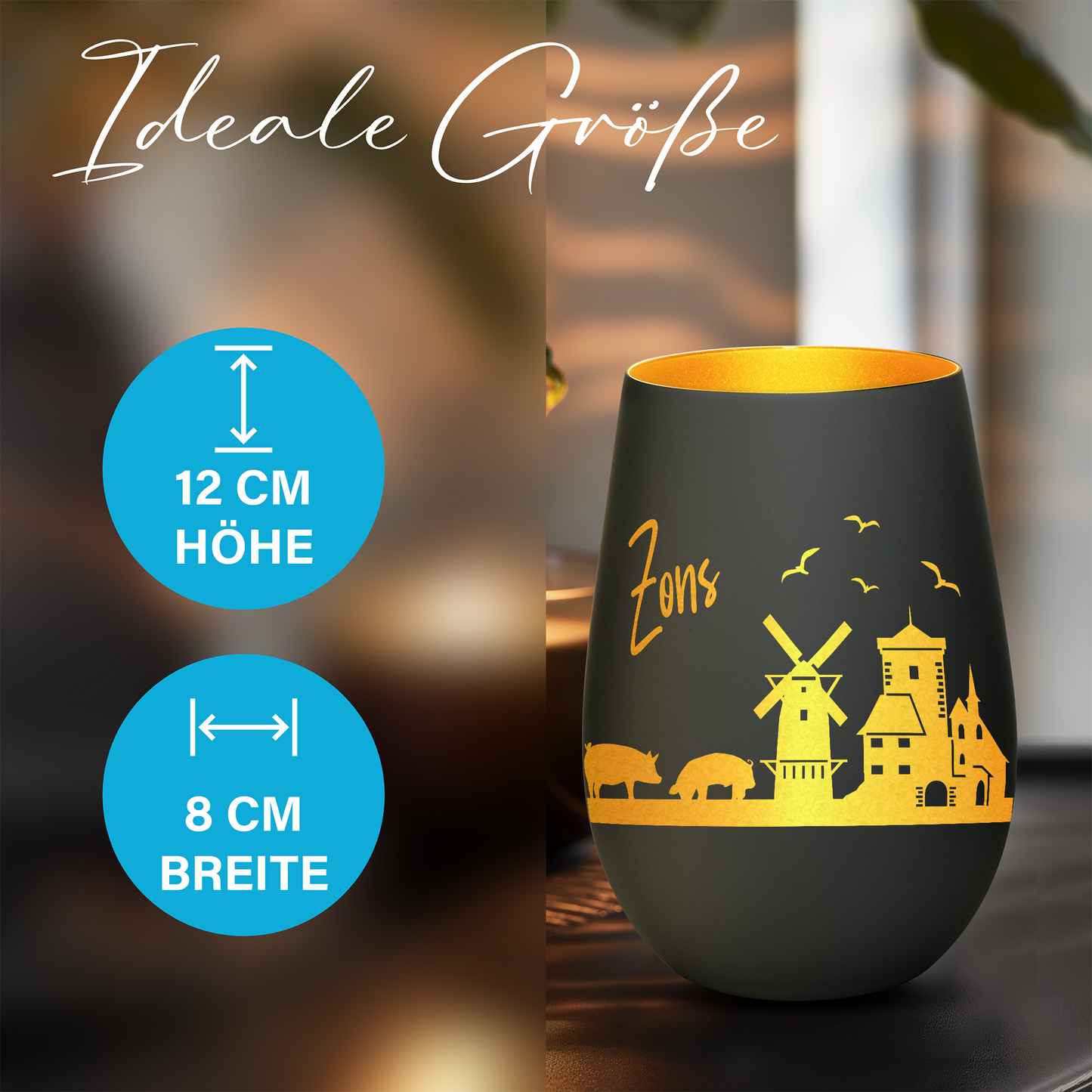 Hochwertiges Glas Windlicht mit Gravur "SKYLINE ZONS (DORMAGEN)" in der Farbe Schwarz/Gold