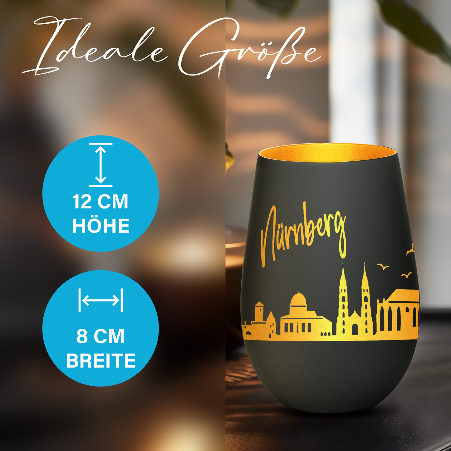 Hochwertiges Glas Windlicht mit Gravur "SKYLINE NÜRNBERG" in der Farbe Schwarz/Gold