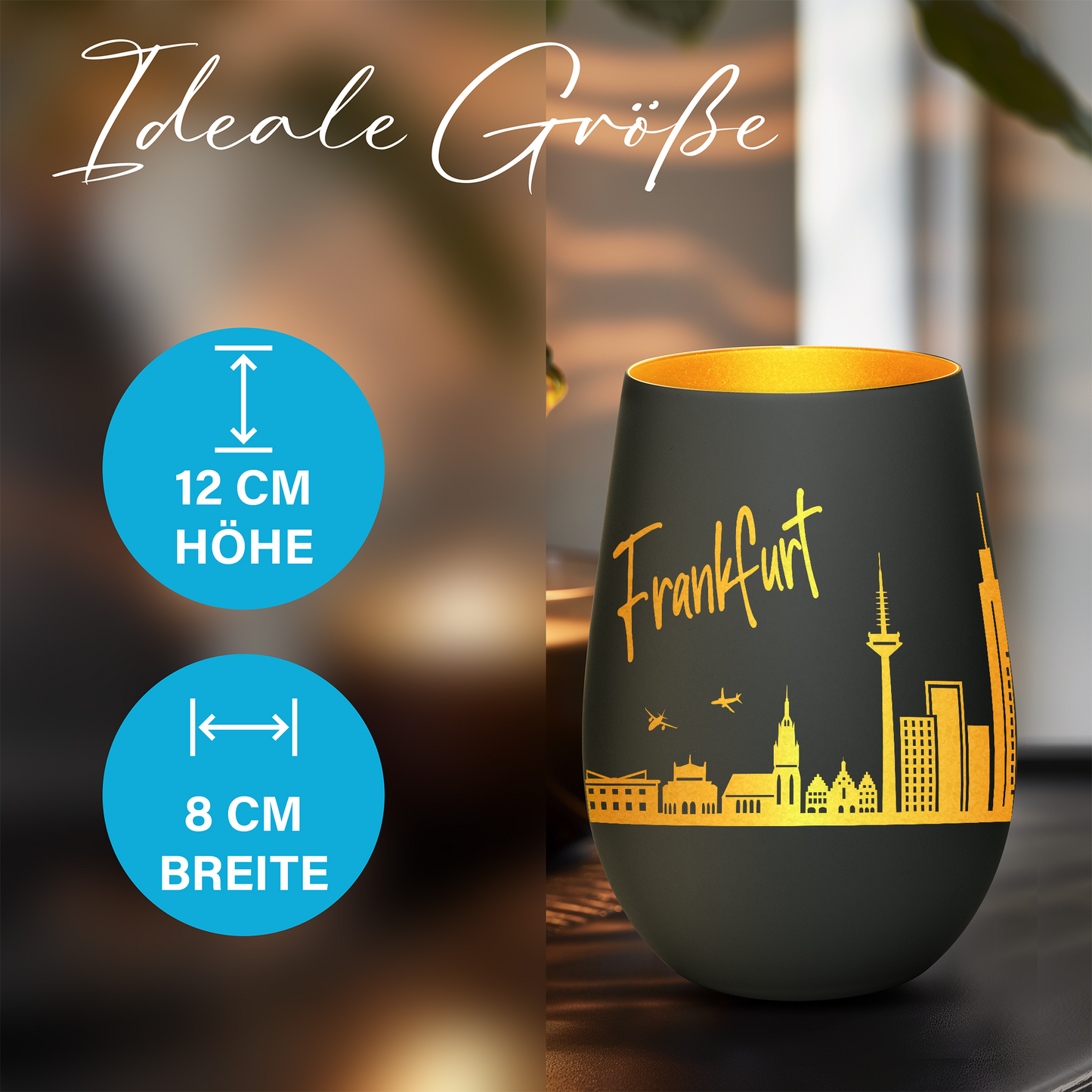 Hochwertiges Glas Windlicht mit Gravur "SKYLINE FRANKFURT" in der Farbe Schwarz/Gold