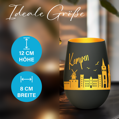 Hochwertiges Glas Windlicht mit Gravur "SKYLINE KEMPEN" in der Farbe Schwarz/Gold