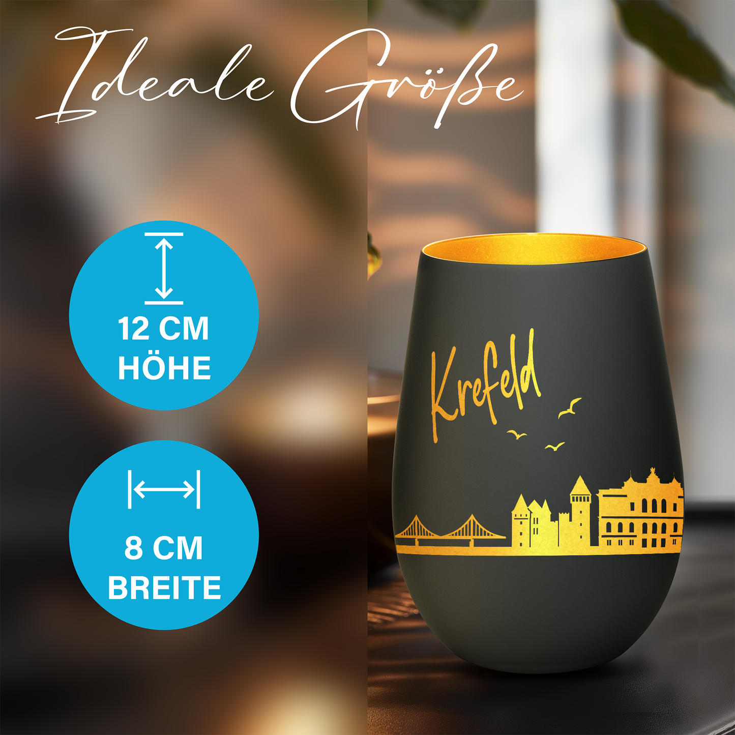 Hochwertiges Glas Windlicht mit Gravur "SKYLINE KREFELD" in der Farbe Schwarz/Gold