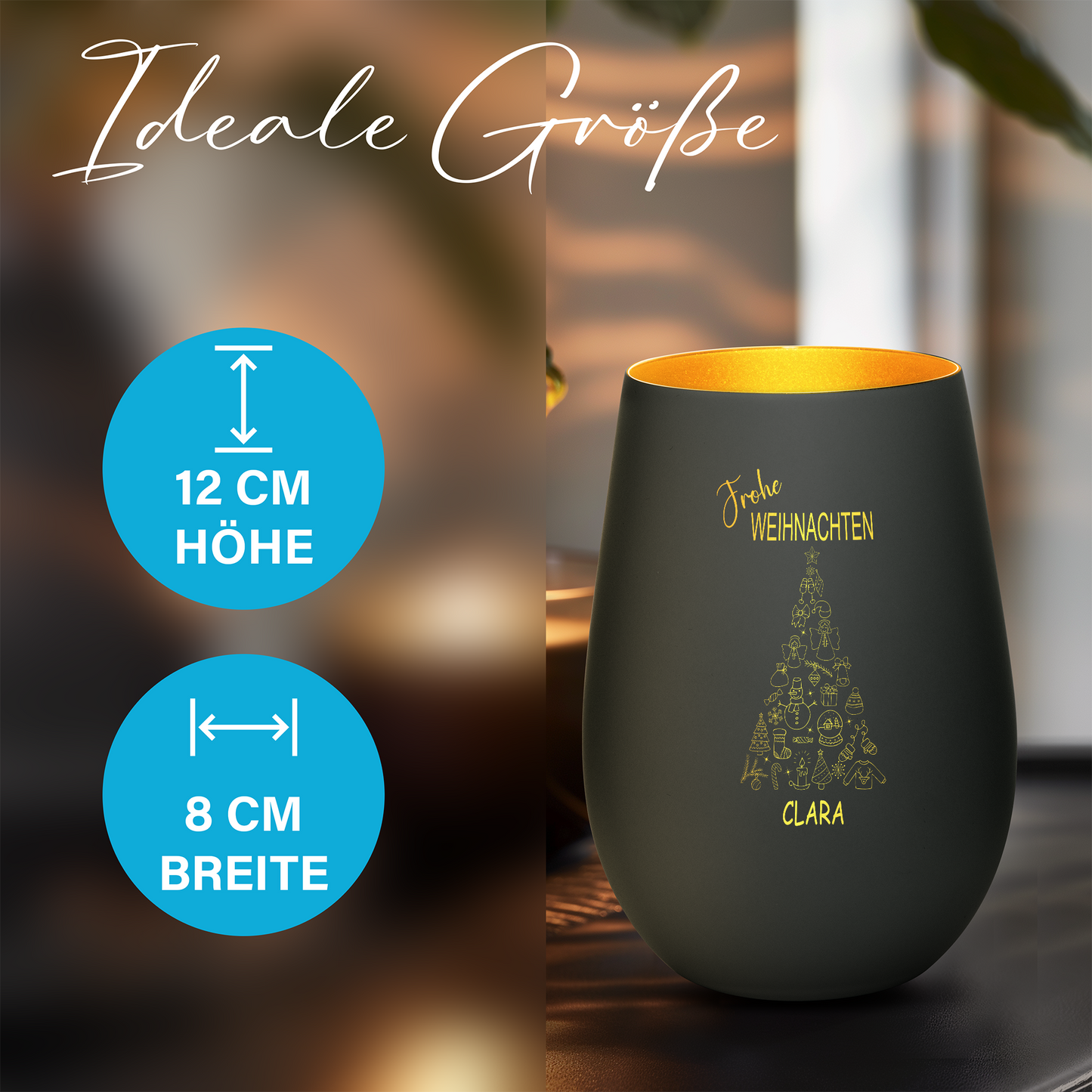 Hochwertiges Glas Windlicht mit Gravur "FROHE WEIHNACHTEN" mit Wunschname in der Farbe Schwarz/Gold