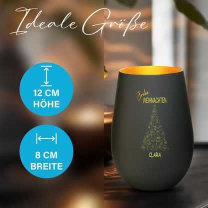 Hochwertiges Glas Windlicht mit Gravur "FROHE WEIHNACHTEN" mit Wunschname in der Farbe Schwarz/Gold