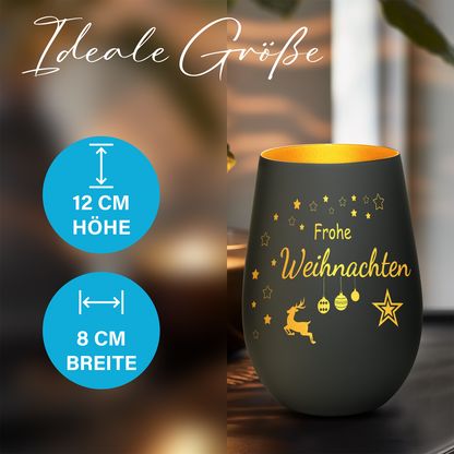 Hochwertiges Glas Windlicht mit Gravur "FROHE WEIHNACHTEN" in der Farbe Schwarz/Gold