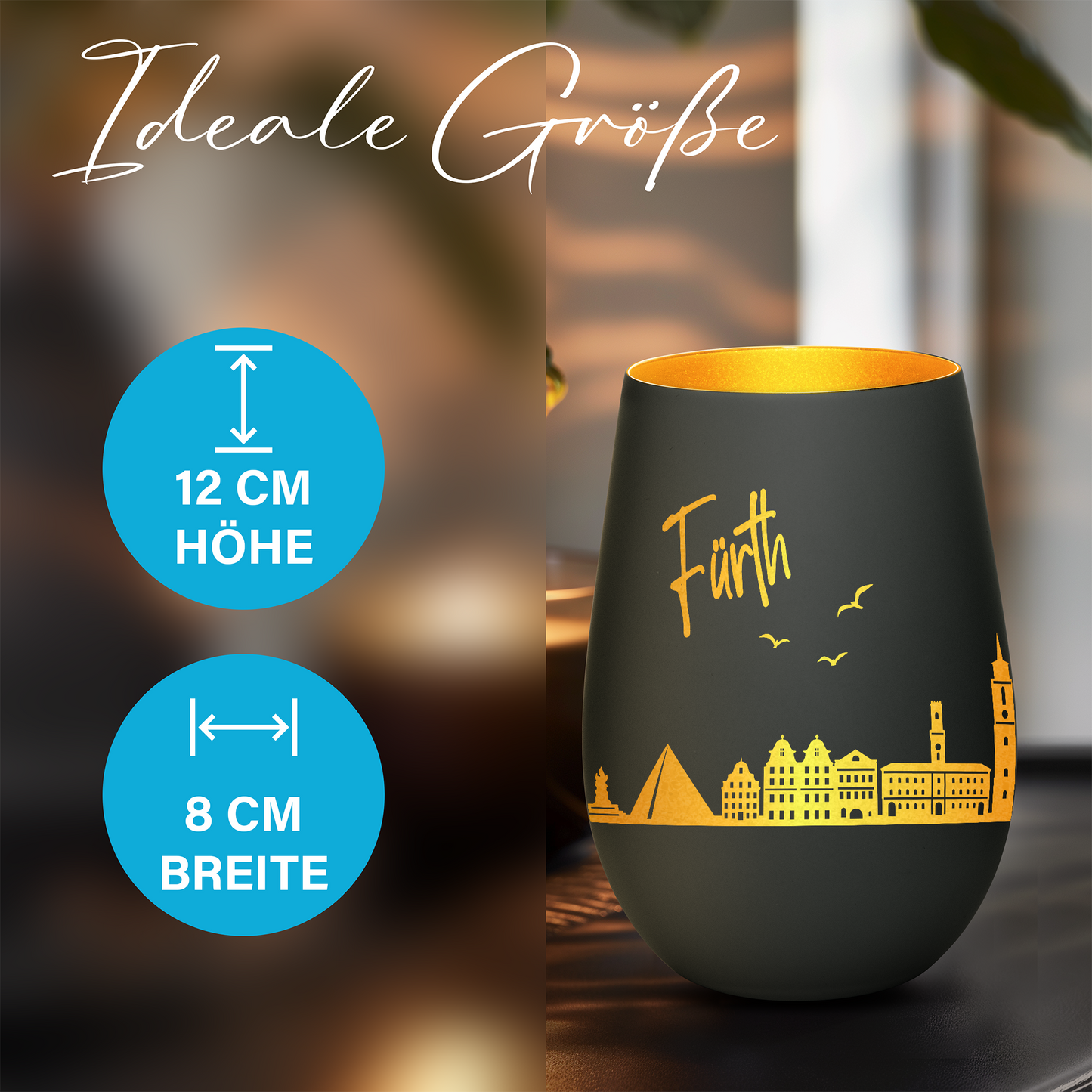Hochwertiges Glas Windlicht mit Gravur "SKYLINE FÜRTH" in der Farbe Schwarz/Gold