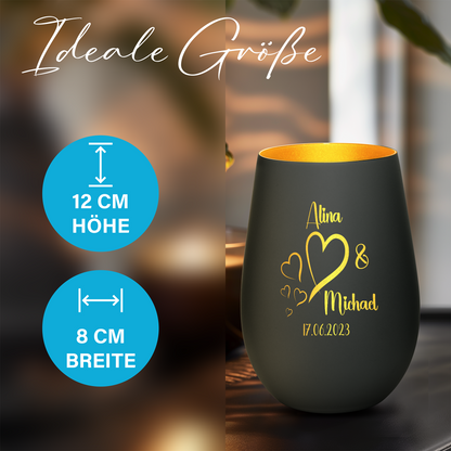 Hochwertiges Glas Windlicht mit Gravur "LIEBES WINDLICHT HERZ3" mit Wunschnamen und Datum in der Farbe Schwarz/Gold