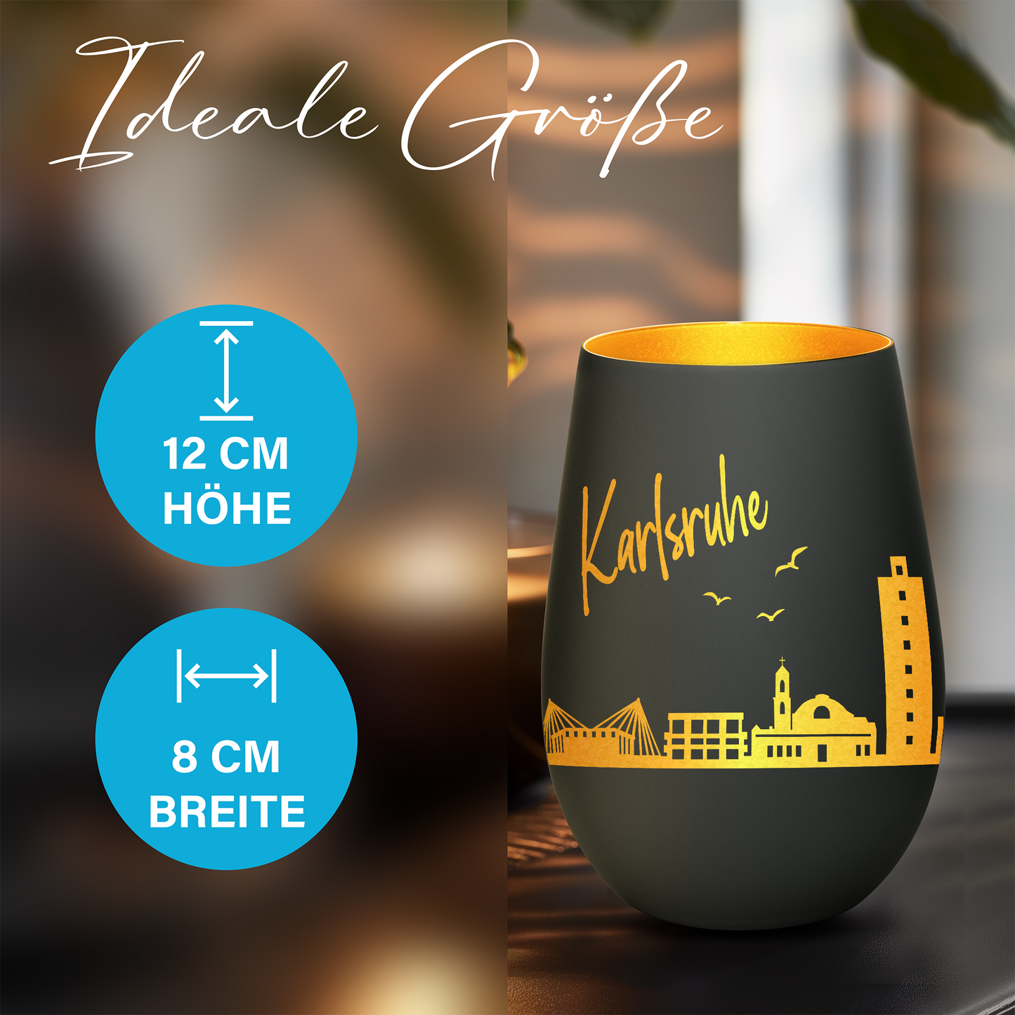 Hochwertiges Glas Windlicht mit Gravur "SKYLINE KARLSRUHE" in der Farbe Schwarz/Gold