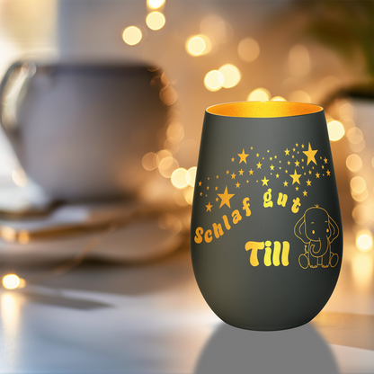 Hochwertiges Glas Windlicht für Kinder mit Gravur "SCHLAF GUT" Motiv Elefant mit Wunschname in der Farbe Schwarz/Gold