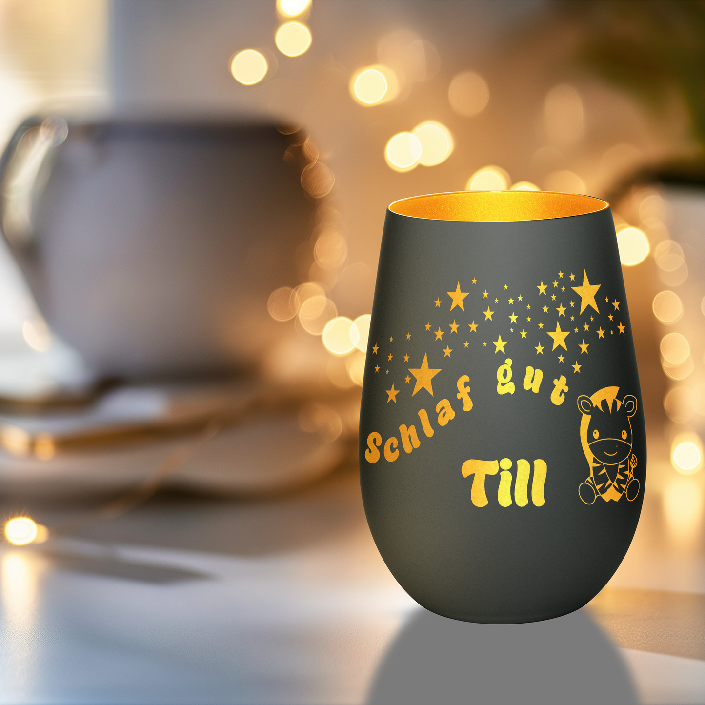 Hochwertiges Glas Windlicht für Kinder mit Gravur "SCHLAF GUT" Motiv Zebra mit Wunschname in der Farbe Schwarz/Gold
