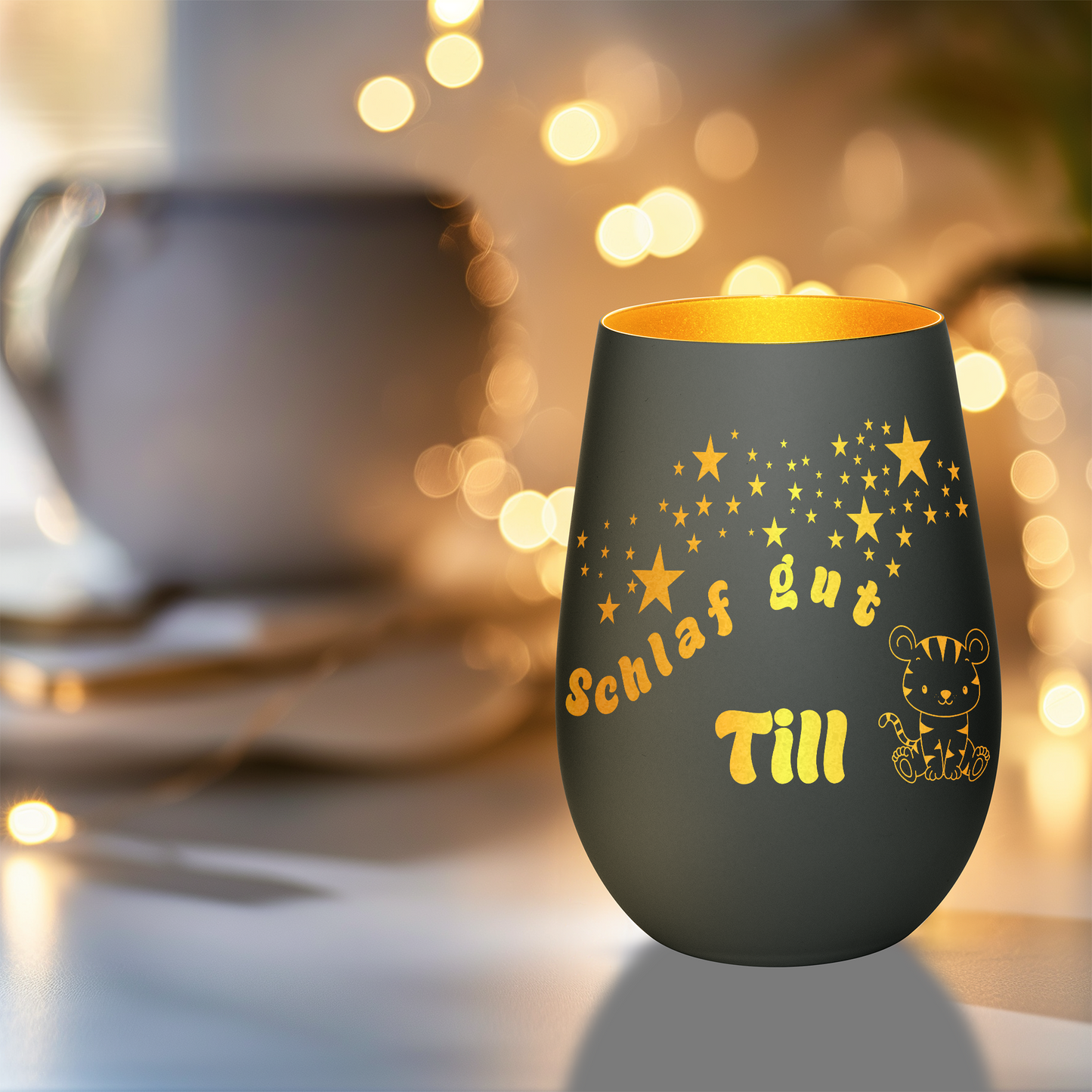Hochwertiges Glas Windlicht für Kinder mit Gravur "SCHLAF GUT" Motiv Tiger mit Wunschname in der Farbe Schwarz/Gold