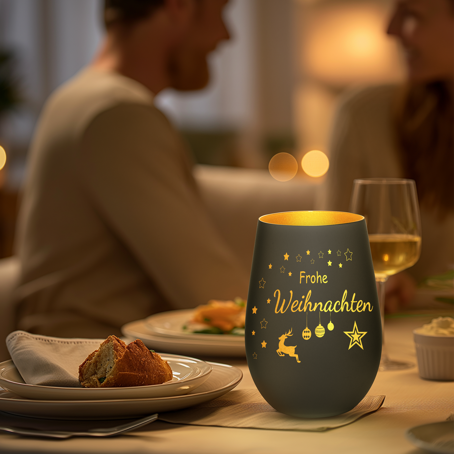 Hochwertiges Glas Windlicht mit Gravur "FROHE WEIHNACHTEN" in der Farbe Schwarz/Gold