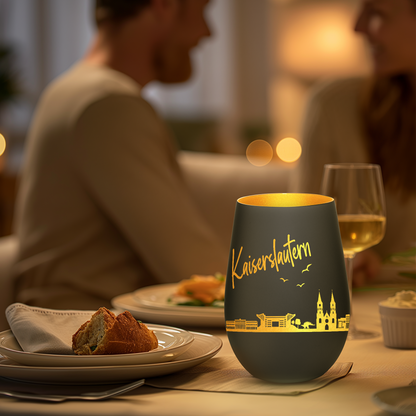 Hochwertiges Glas Windlicht mit Gravur "SKYLINE KAISERSLAUTERN" in der Farbe Schwarz/Gold
