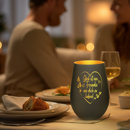 Hochwertiges Glas Windlicht mit Gravur "GLÜCK IST EINE FREUNDIN MIT HERZ" in der Farbe Schwarz/Gold