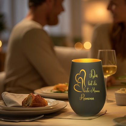 Hochwertiges Glas Windlicht mit Gravur "DU BIST DIE BESTE MAMA" mit Wunschname in der Farbe Schwarz/Gold