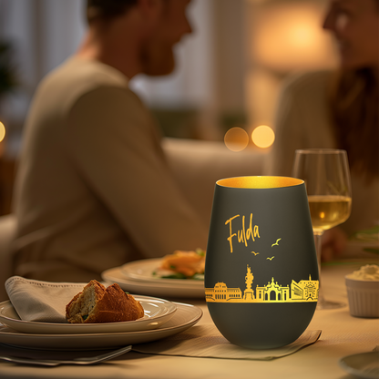 Hochwertiges Glas Windlicht mit Gravur "SKYLINE FULDA" in der Farbe Schwarz/Gold