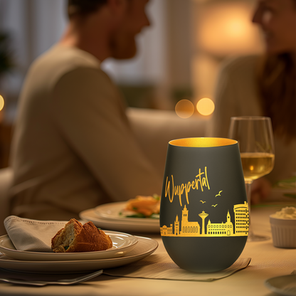 Hochwertiges Glas Windlicht mit Gravur "SKYLINE WUPPERTAL" in der Farbe Schwarz/Gold