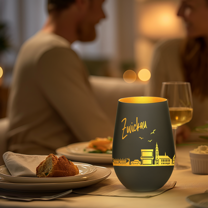 Hochwertiges Glas Windlicht mit Gravur "SKYLINE ZWICKAU" in der Farbe Schwarz/Gold