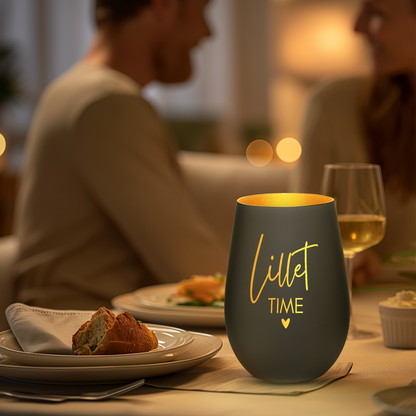 Hochwertiges Glas Windlicht mit Gravur "LILLET TIME" in der Farbe Schwarz/Gold