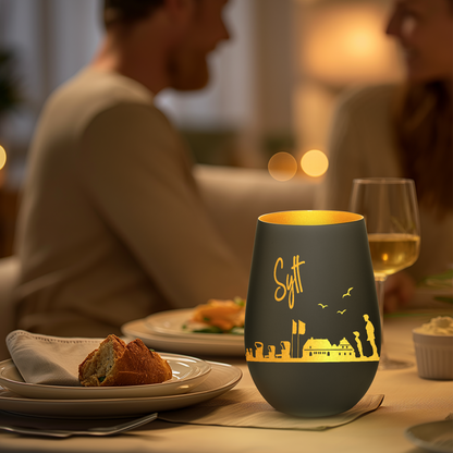 Hochwertiges Glas Windlicht mit Gravur "SKYLINE SYLT" in der Farbe Schwarz/Gold