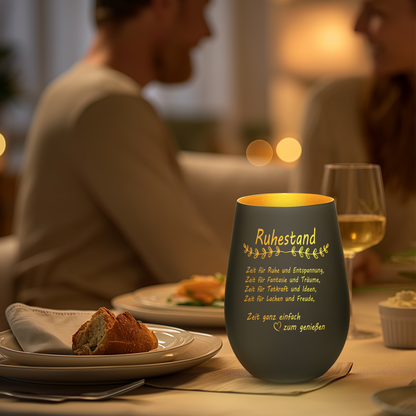 Hochwertiges Glas Windlicht mit Gravur "ALLES GUTE ZUM RUHESTAND" in der Farbe Schwarz/Gold