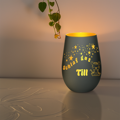Hochwertiges Glas Windlicht für Kinder mit Gravur "SCHLAF GUT" Motiv Leopard mit Wunschname in der Farbe Schwarz/Gold