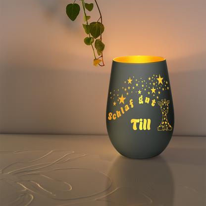 Hochwertiges Glas Windlicht für Kinder mit Gravur "SCHLAF GUT" Motiv Giraffe mit Wunschname in der Farbe Schwarz/Gold
