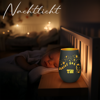 Hochwertiges Glas Windlicht für Kinder mit Gravur "SCHLAF GUT" Motiv Zebra mit Wunschname in der Farbe Schwarz/Gold