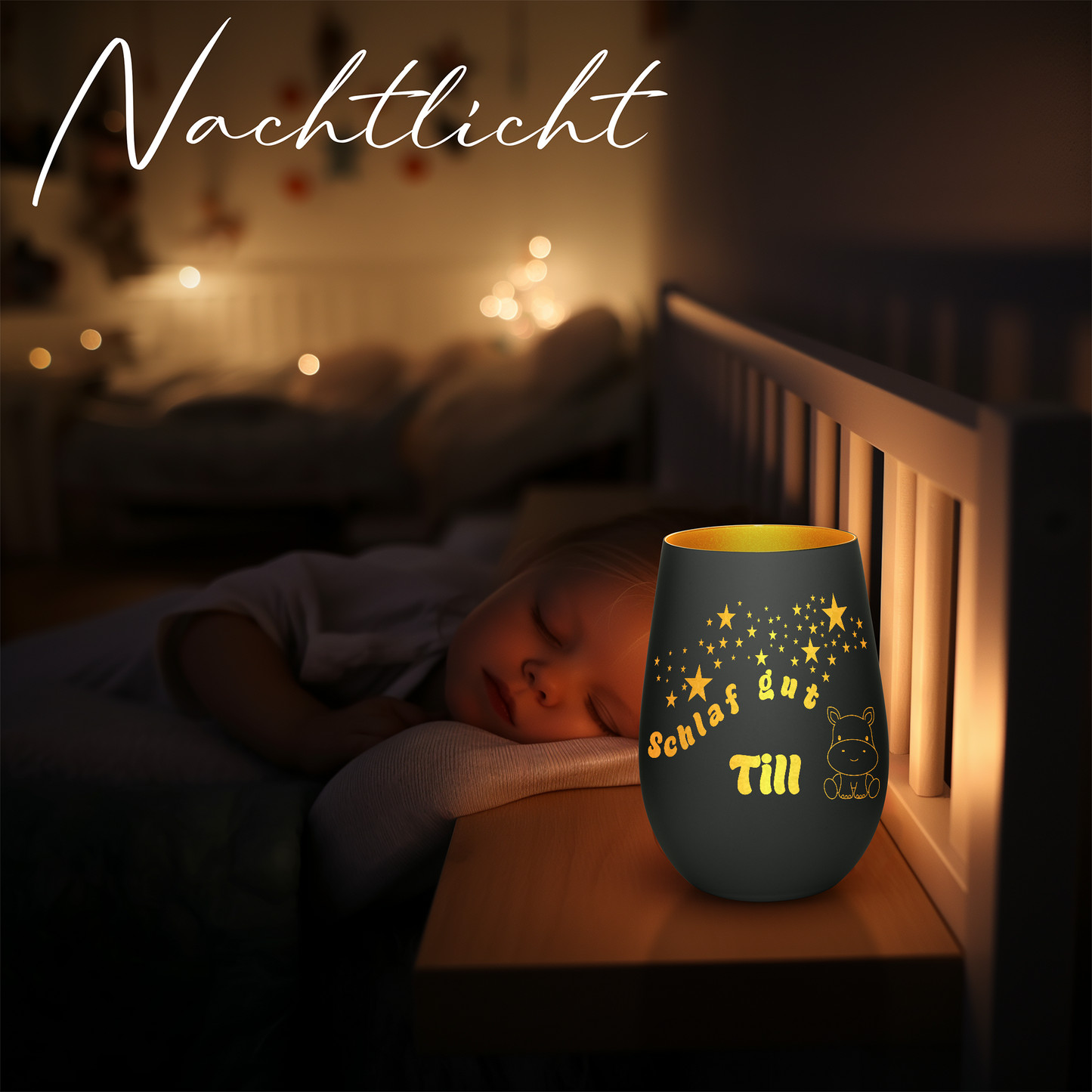 Hochwertiges Glas Windlicht für Kinder mit Gravur "SCHLAF GUT" Motiv Nilpferd mit Wunschname in der Farbe Schwarz/Gold